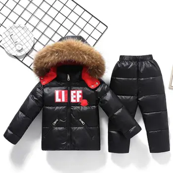 

Winter Hooded Down Coat Children Snow Wear Warm Letter print Outerwear Real Fur Collar Parka Down jackets for boys girls Y3294