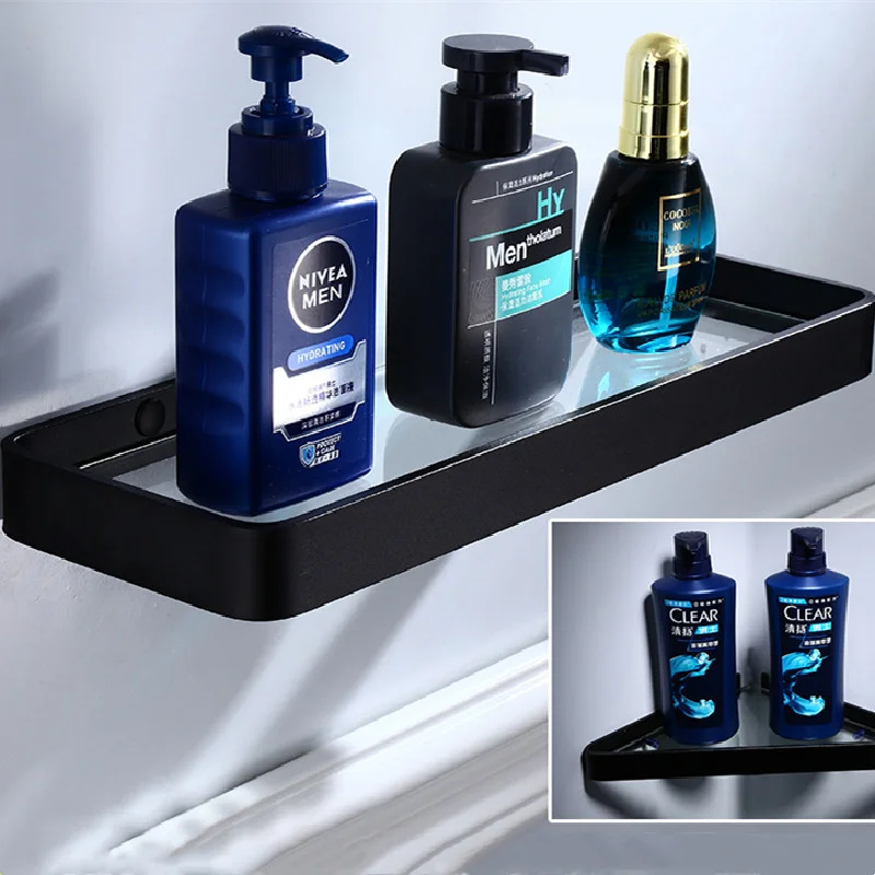

Aluminium & Glass Bathroom Shelf Shower Shampoo Soap Cosmetic Kitchen Corner Holder Single Tier Bath Accessories Nail Punched