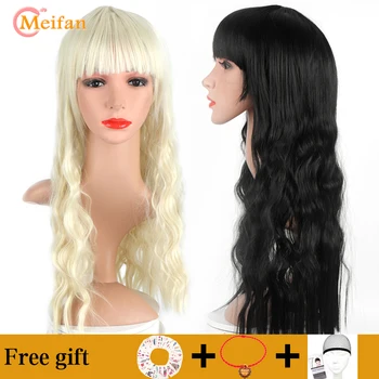 

MEIFAN Long Wavy Natural Hair Synthetic Brown Black Red Wigs with Bangs Hair for Black / White Women Party Cosplay Wigs