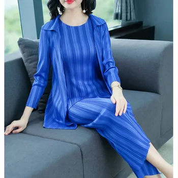 

3 Piece Set For Women 45-75kg Spring Summer Elastic Loose Miyake Pleated Stripes Vest+Coat +Casual Wide Leg Trousers Female