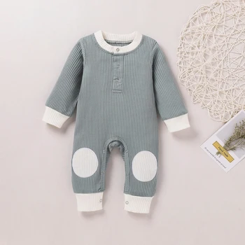 

Emmababy Newborn Baby Clothes Autumn Fresh Color Contrast Patch Long Sleeve Round Collar Knitted Cotton Romper Jumpsuit Outfit