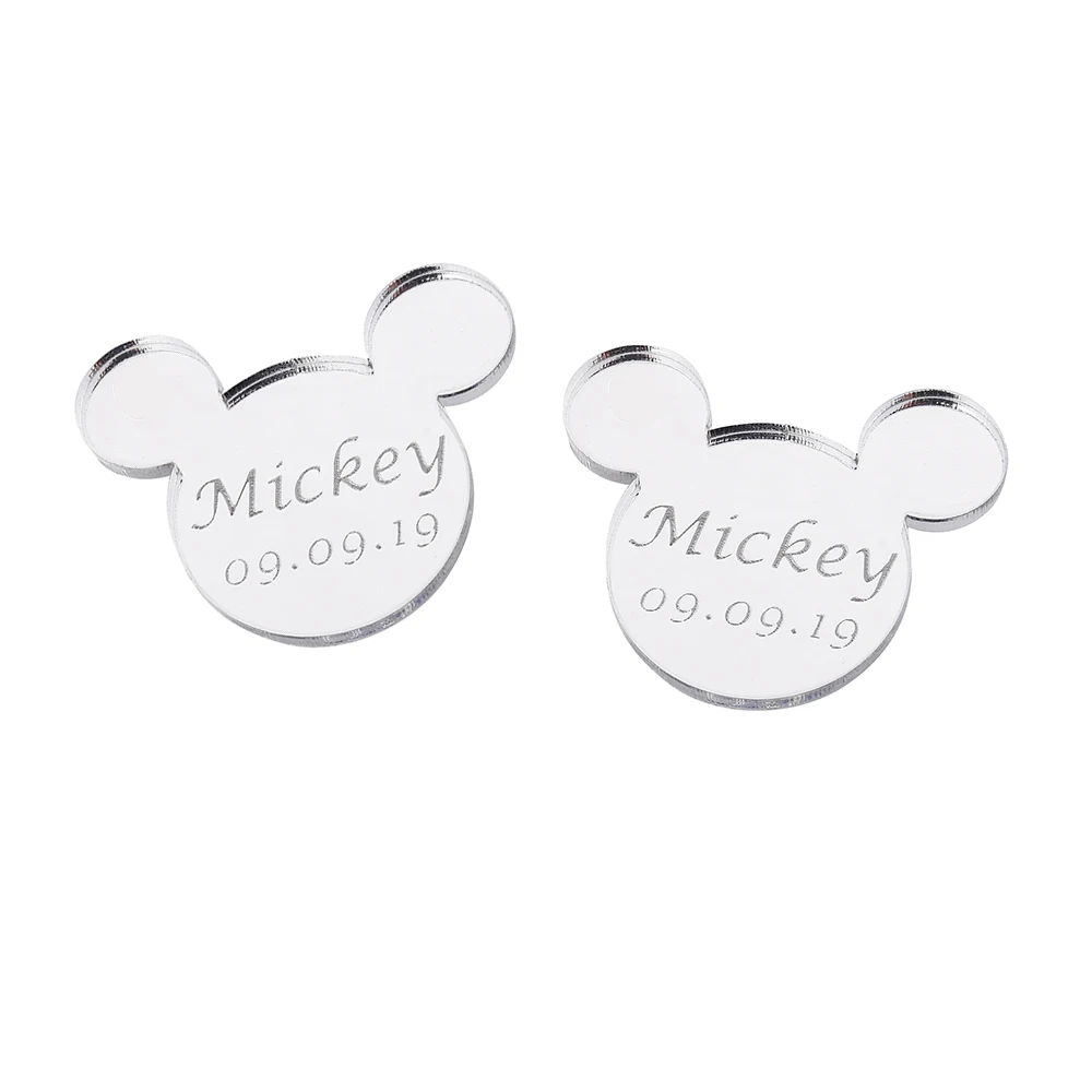 font 5 Silver 20 шт персонализированное гравированное зеркало Микки Маус Надпись Логотип, название Baby Shower бирки настольные украшения для вечеринки, дня рождения 4 см - Цвет: font 5 Silver