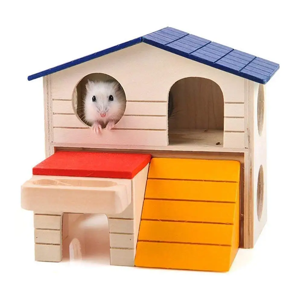 Pet Small Animal Hamster Hideout House Two Layers Wooden Hut Play Chew Toy 