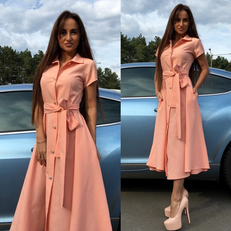 

Women Vintage Sashes Button Maxi Dress Short Sleeve Turn Down Collar Office Elegant Party Dress 2019 Summer Fashion Women Dress