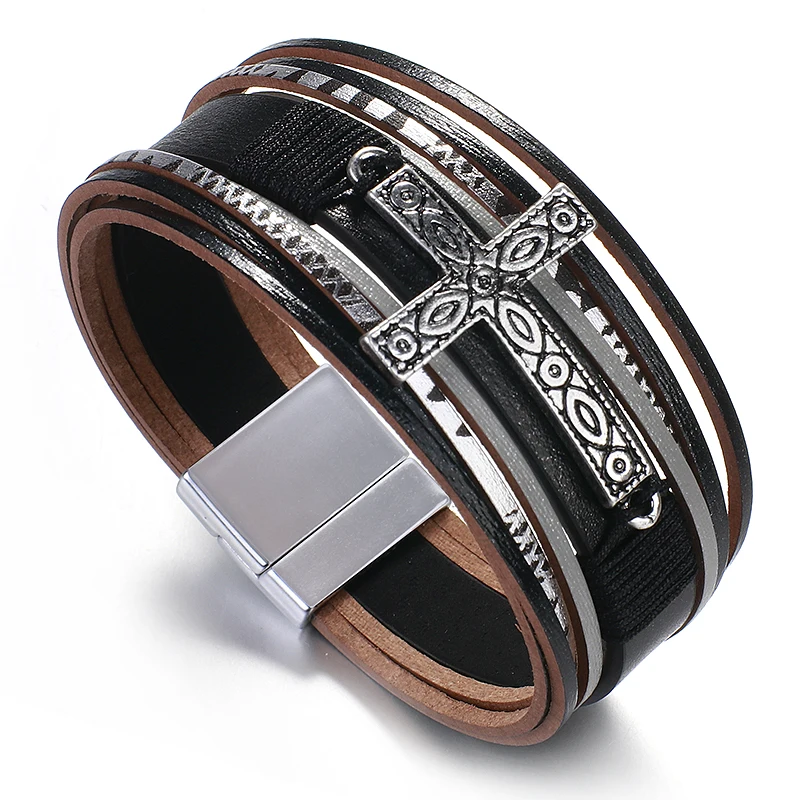 ALLYES многослойный браслет с крестом в стиле ретро, кожаный браслет для женщин, Религиозные ювелирные изделия в стиле готик-панк