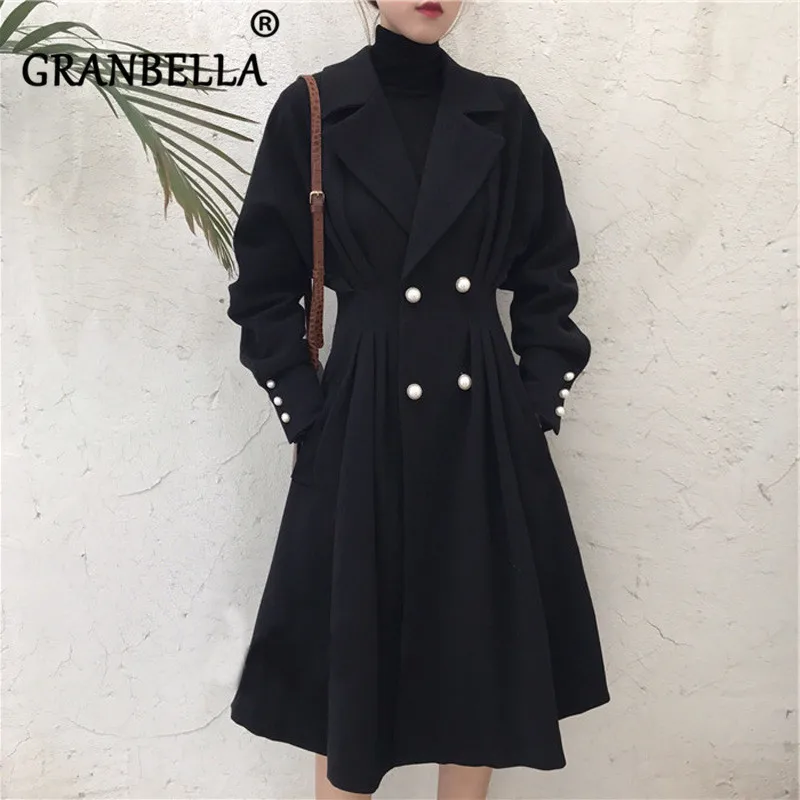 

2019 Fashion Large Size Thin Overcoat Solid Black Color Double Breasted Long Sleeve Women Trench Coat Dress