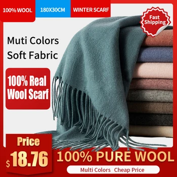 

100% Pure Wool Scarf of Winter Women Solid Echarpe Wraps Scarf Wool for Ladies Pashmina with Tassel Warm Merino Wool Scarves