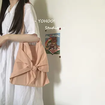 

YOHOO!Chic Korean girls heart bow design Ins plain color versatile one-shoulder canvas bag women