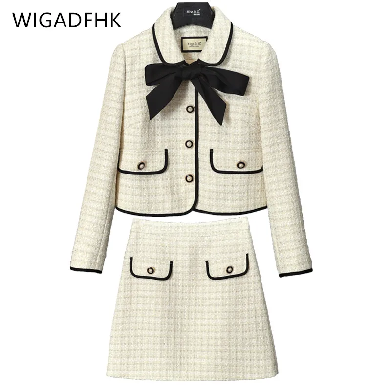 

High-Quality Small Fragrant Tweed Suit Female Autumn Western Style Bow Tie Short Jacket + A-line Skirt Elegant Two-Piece Suit