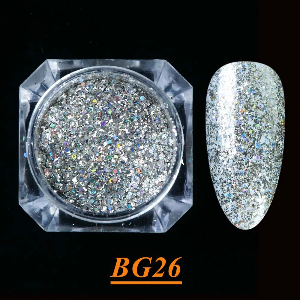 1 коробка голографическое погружение ногтей Блеск порошок лазер Серебро Золото Блестящие Блестки Дизайн ногтей хромированный пигмент для маникюра LABG01-26-1 - Color: BG26