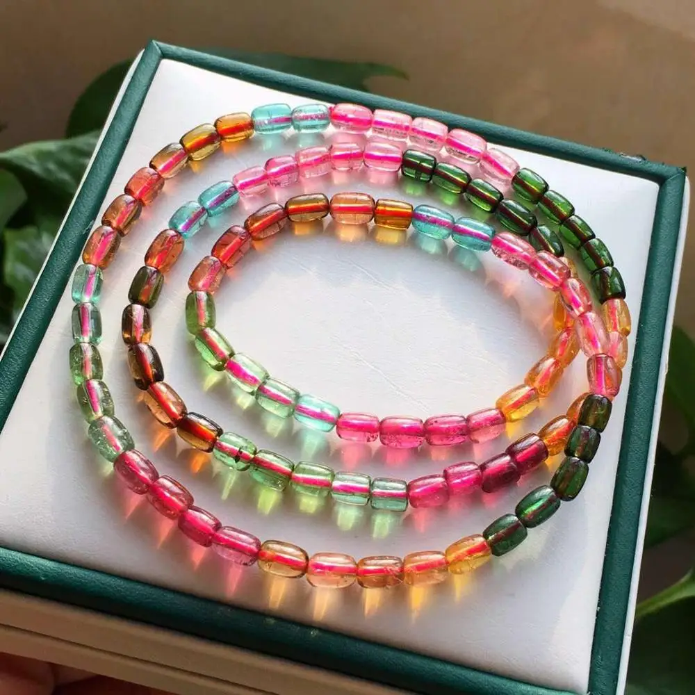 

Genuine Natural Colorful Tourmaline Crystal Clear Barrel Beads 3 Laps Bracelet 5mm Necklace Brazil Women Men AAAAA