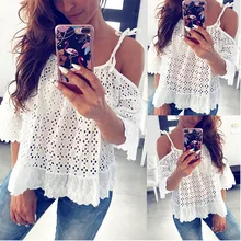 2020 Sexy Solid Color Off Shoulder Halter Hollow Out Women Blouse Sexy Tops and Shirt Women Short Sleeve Women Shirt Summer Tops
