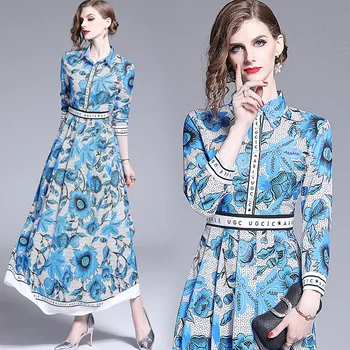 

Vintage Runway Vestidos Women's Chain Floral Letter Print 2020 Spring Summer Tunic A Line Dresses Elegant Long Sleeve Maxi Dress
