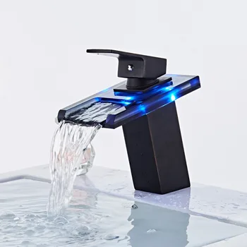 

LED Luminous Creative Waterfall Faucet Color Changing Hot and Cold Table Basin Washbasin Bathroom Copper Household