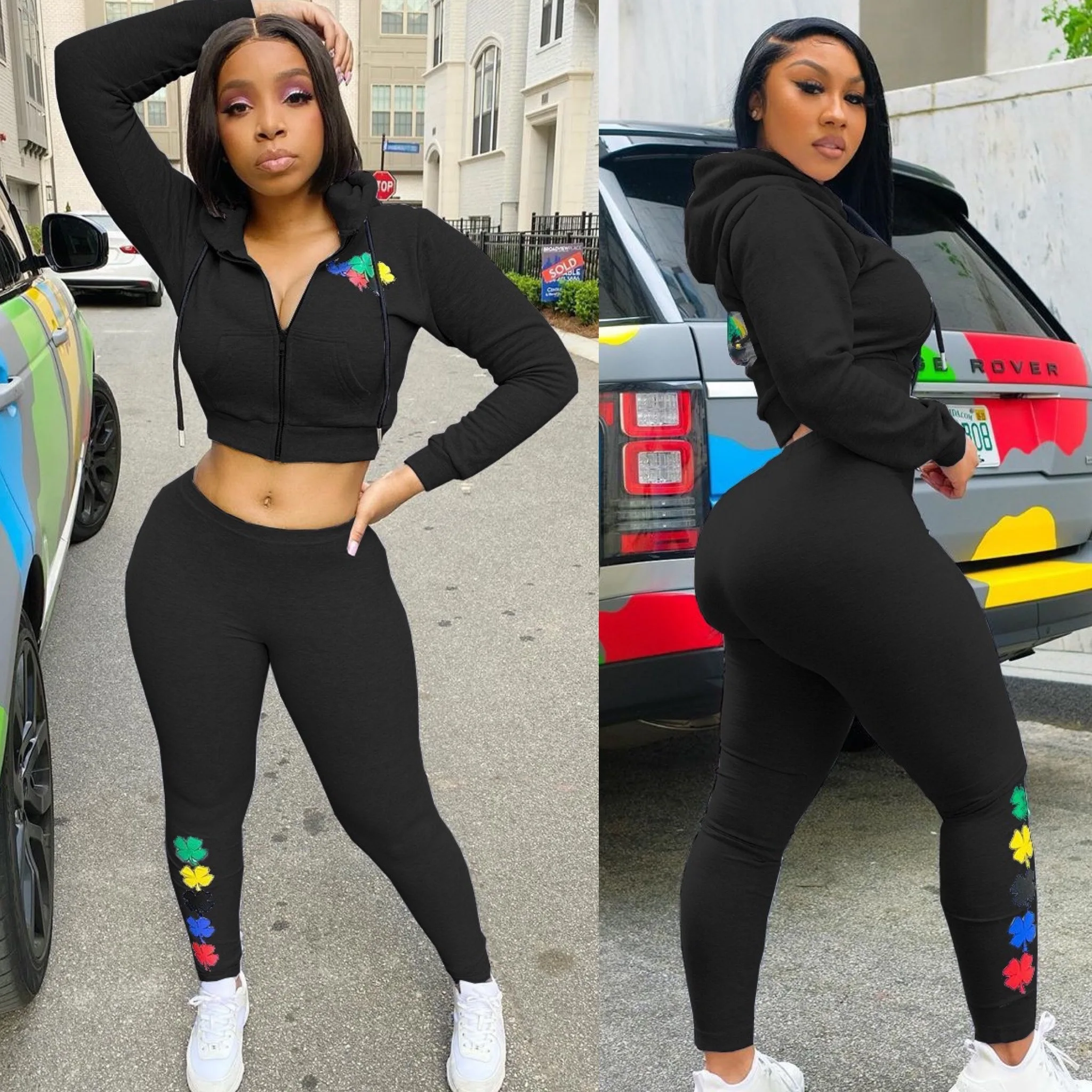 

New Sport Floral Print Women Two Piece Set Hooded Jackets Skinny Sweatpants Jogger Suit Tracksuit Matching Set Outfits