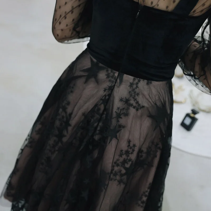 Черное повседневное Тюлевое Вечернее Платье Vestidos De Fiesta с длинным рукавом Элегантное Длинное Вечернее платье Robe De Soiree ES1957-1