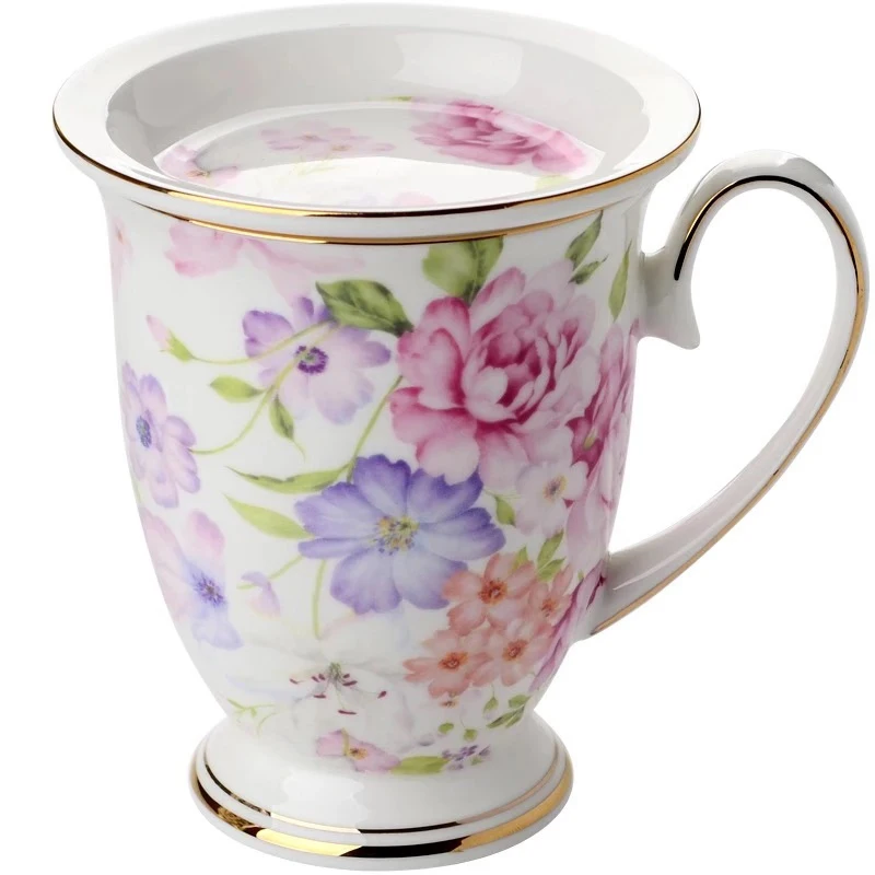 Style-2 with lid Европейский костяной фарфор, керамическая кофейная кружка с цветочным рисунком, креативная чашка для воды, чашка для послеобеденного чая, кружка для молока, кухонная посуда для напитков, подарок - Цвет: Style-2 with lid