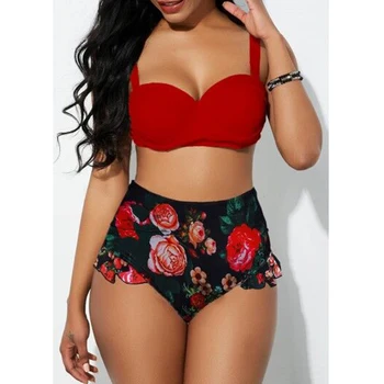 

High Waist Bikini Plus Size Swimwear Women Push Up Swimsuit Solid Top Print Bikini Bottoms Bikini Set Bathing Suits Beach Wear