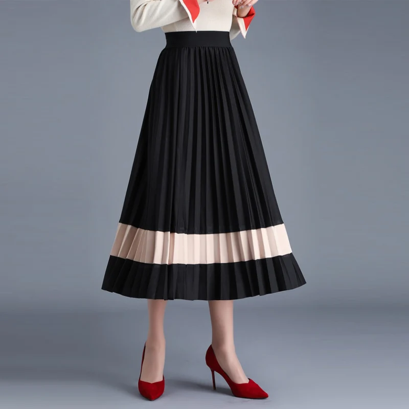 Korean Fashion Pleated Skirts Womens Elegant Woman High Waist Skirt Woman Patchwork Midi Skirts Faldas Mujer Moda OL Long Skirt