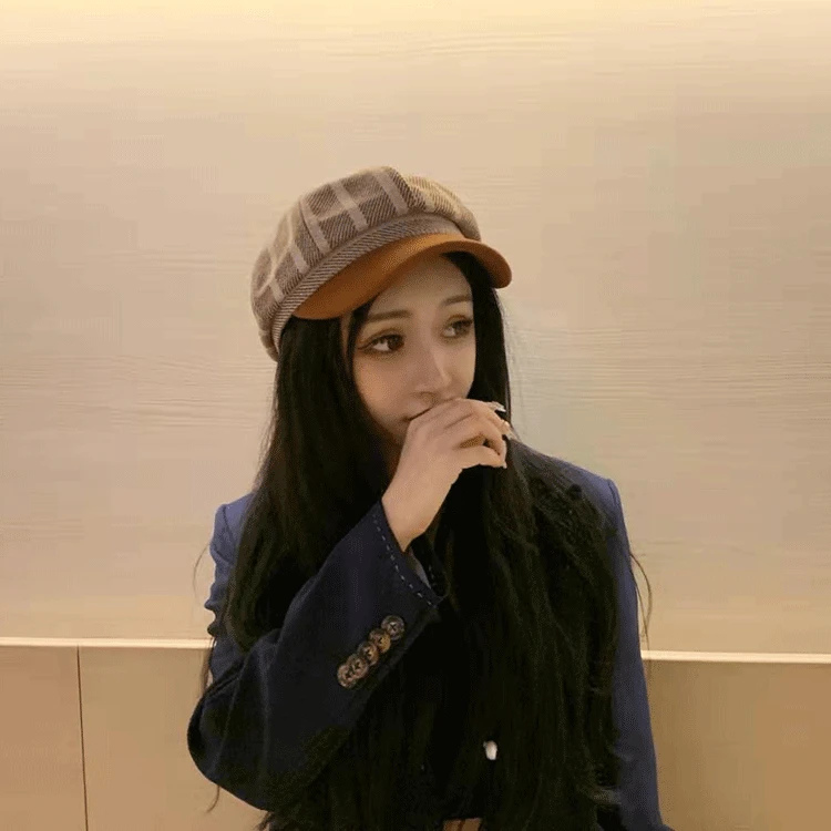

2019 Women's Autumn And Winter New Style Plaid Twill Octagonal Cap Japanese-style Literature And Art Casual Outdoor Brim Hat Kor