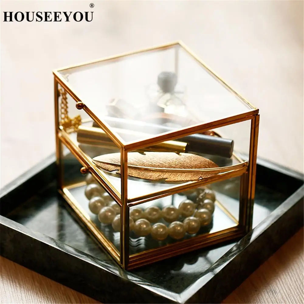 European Retro Copper Edge Drawer Glass Jewelry Storage Box Cosmetic Makeup Organizer Bathroom Rack Display Stand Holder