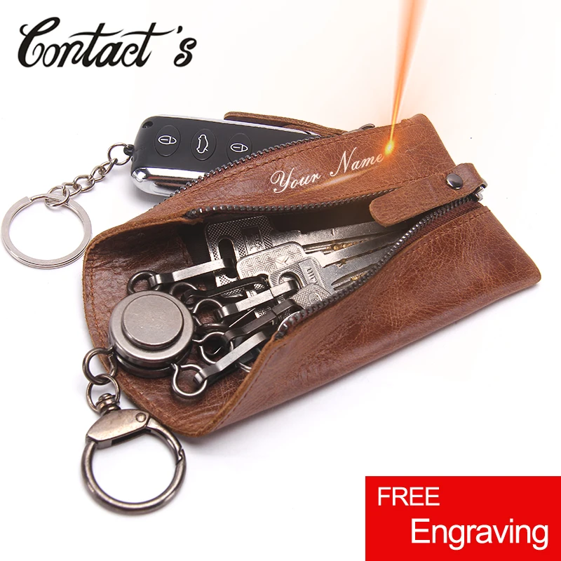 VILLSION Universal Car Key Holder Genuine Leather Case with Stainless Steel Hook Remote Key Case Metal Zipper Key Ring Black