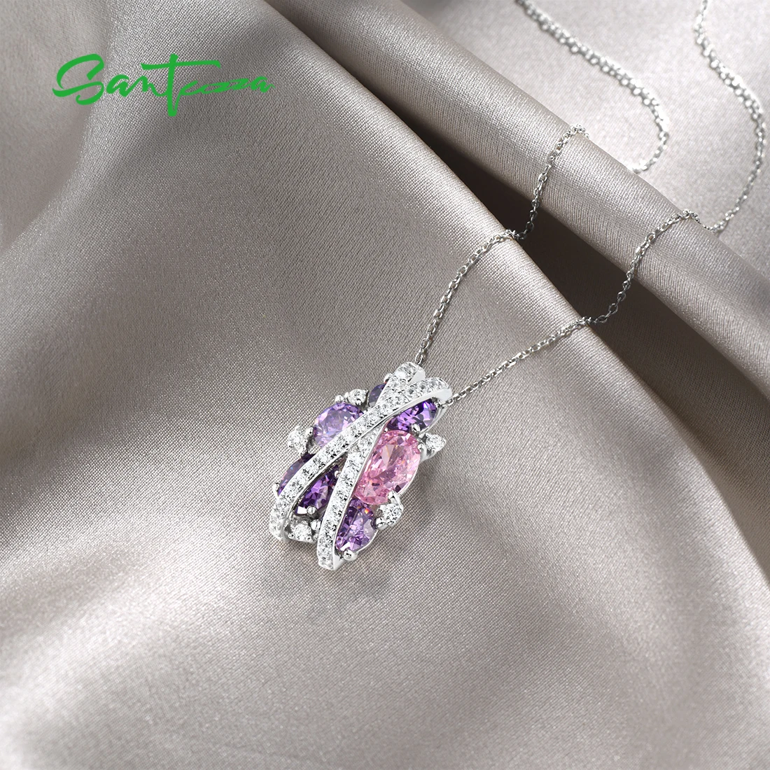 SANTUZZA Pure 925 Sterling Silver Pendant For Women Sparkling Pink Amethyst Cubic Zirconia Elegant Party Trendy Fine Jewelry