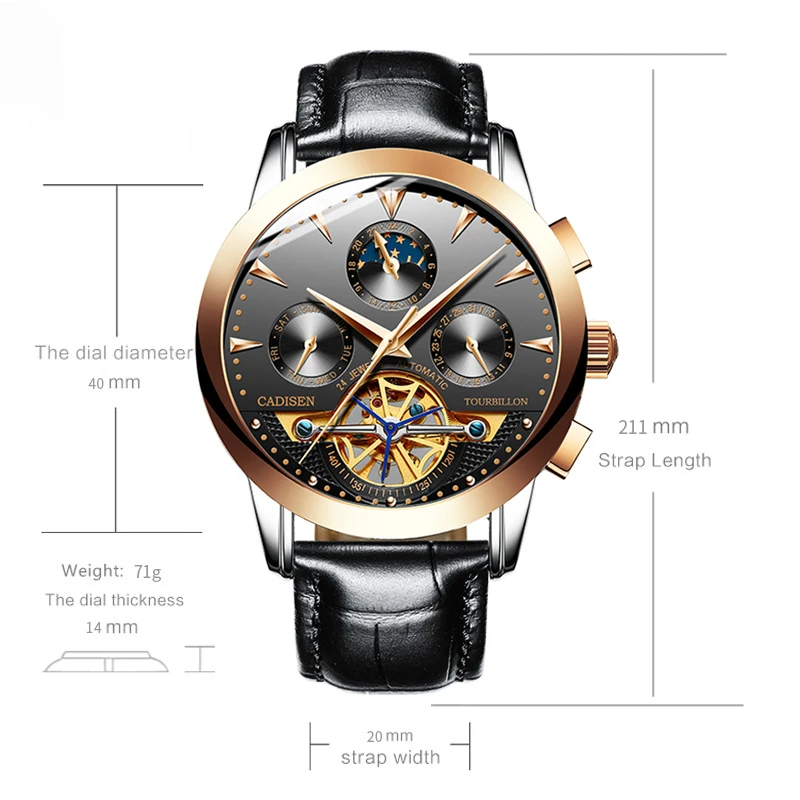 CADISEN Брендовые мужские часы, автоматические механические часы, Tourbillon, спортивные часы, кожаные, повседневные, деловые, наручные часы, Relojes Hombre