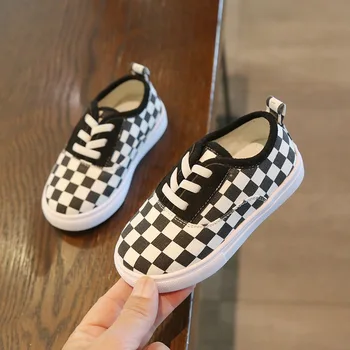 

Children's canvas shoes black and white plaid sneakers 2020 autumn soft bottom elastic band boys shoes casual flat girls shoes