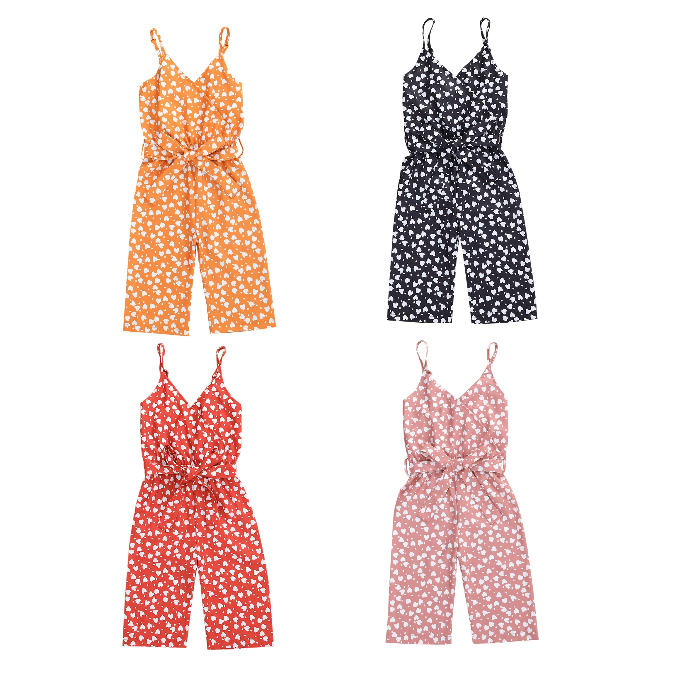 Infant Kids Baby Girls Jumpsuit Heart Polka Dot V-Neck Sleeveless Playsuits Bodysuits with Belt for 1-6Years | Детская одежда и