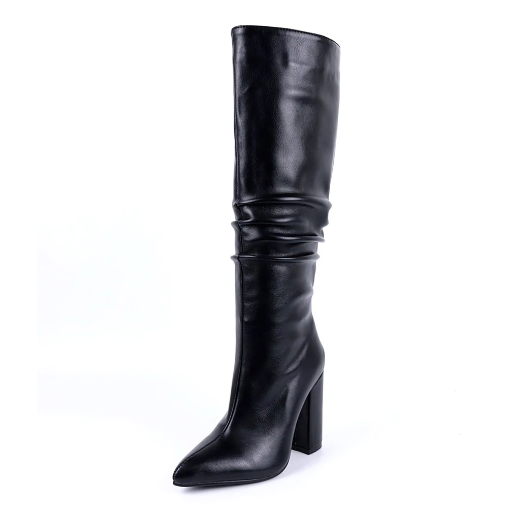

Pointed Toe Ultra-High Thick Heel Pleated Knee-Length Boots Side Zipper Dark Green Plush Inner Boots Orange Women's Shoes