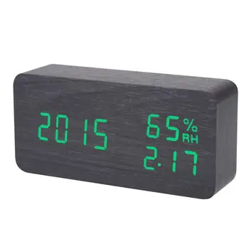 

LED Wooden Alarm Clock Voice Control Digital Electronic Desktop Clocks Time Temperature Humidity Display Home Decor 15x4x7cm