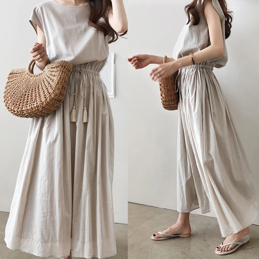 Boho Летнее пляжное женское Однотонное Платье макси с кисточками и завязками с коротким рукавом