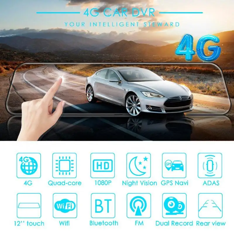 Автомобильный видеорегистратор 12 дюймов 4G Android 8 1 зеркало заднего вида с GPS