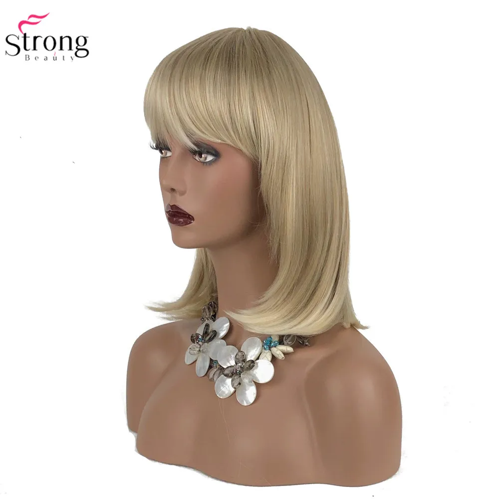 StrongBeauty Женские синтетические парики волосы блонд/Черный Средний прямые волосы аккуратная челка стиль Natura парик монолитный