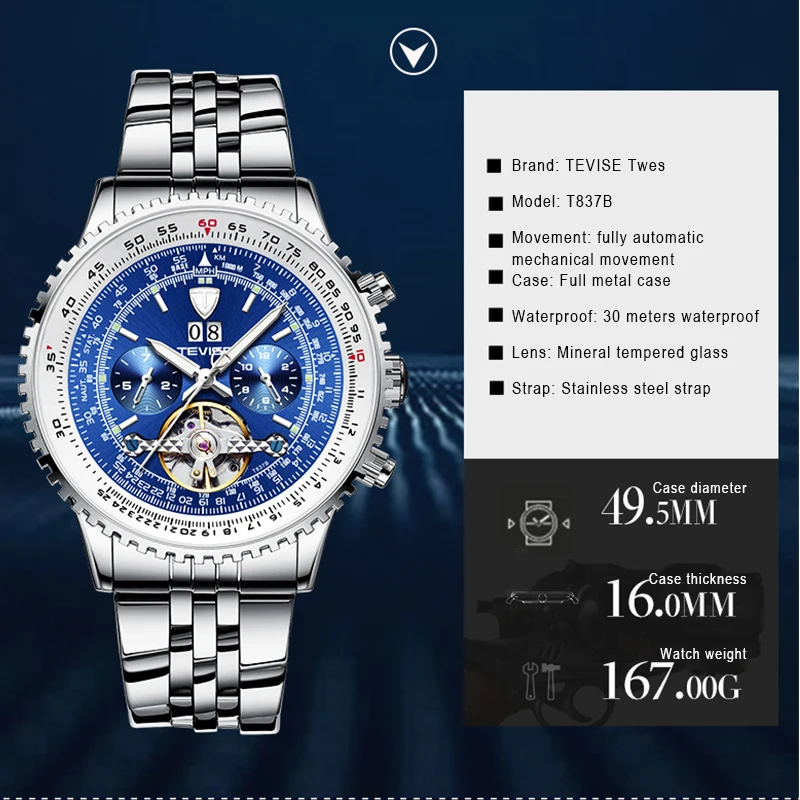 TEVISE Для мужчин механические часы Нержавеющая сталь Tourbillon автоматические часы модные Для мужчин Бизнес наручные часы Relogio Masculino