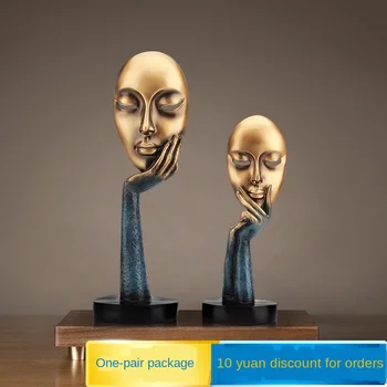 

Creative Human Face Ornament Resin Portrait Statue Desk Decor Golden Mask Black Base Abstract Home Decoration Accessories Modern