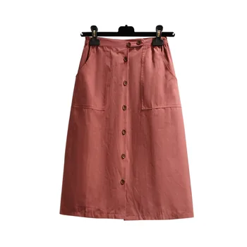 

New Japan Style Pocket buttons Washed Cotton Midi A Line Skirt Women ladies elastic Waist chic casual slim Female skirt