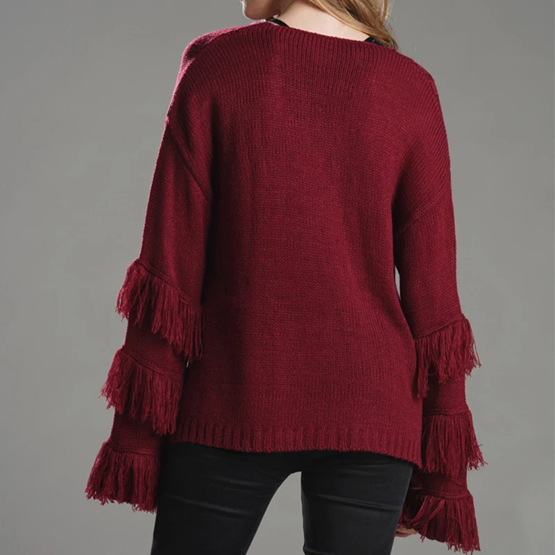 Для женщин свитер свободного кроя с Вязание с О-образным вырезом с расклешенным рукавом и бахромой в стиле пэчворк женские топы 2019