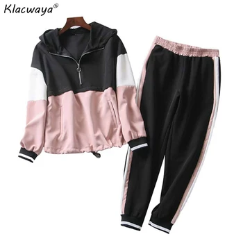 

Pink Patchwork Two Piece Set Outfit Women 2019 Spring-Autumn Hooded Bomber Jacket Set Ladies Joggers Set Girls Loose Hoodies Set