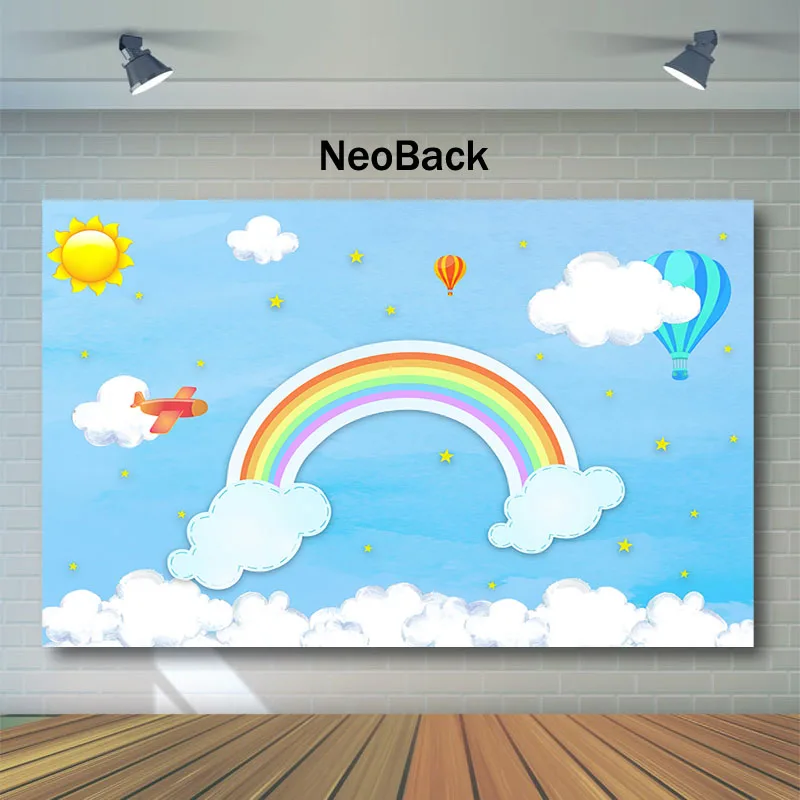 Mocsicka Birthday Party Photography Backdrops Rainbow Blue Sky White Cloud Photo Background Hot Air Balloon Baby Shower Backdrop |