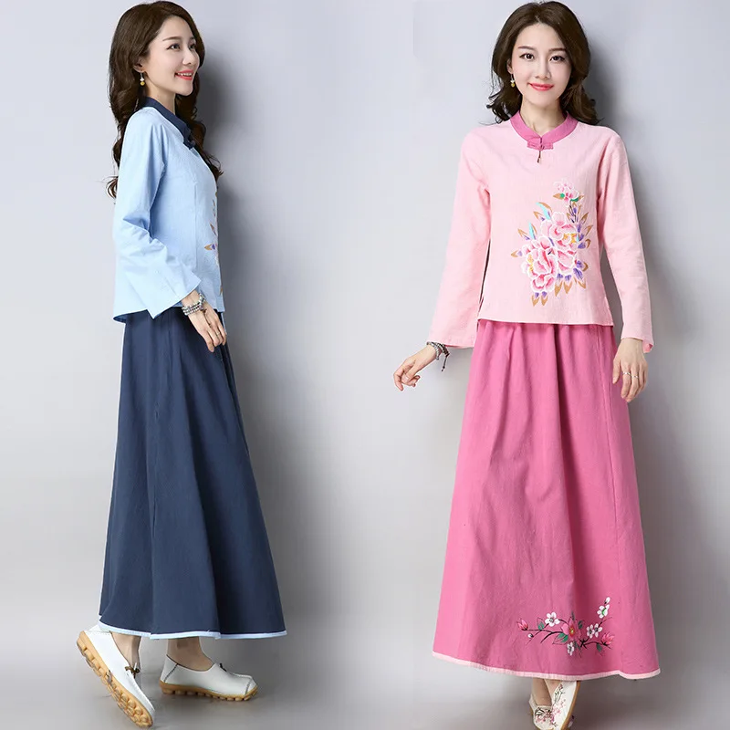 

2018 Autumn New Style Ethnic-Style Set Cotton Linen Tea Service Printed Shirt + Cotton Linen Printed Skirt