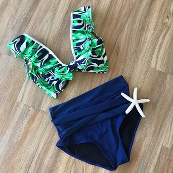 

High Waist Bikini 2020 Plus Size Swimwear Women Bow Print Swimsuit Ruffle Bikinis Sexy Green Bathing Suit String Beach Wear