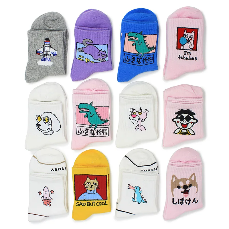 

Funny Korean Cat Dinosaur Dog Women Cotton Crew Socks Tiger Novelty Creative Harajuku White Pink Girl Cartoon Gift Korean INS