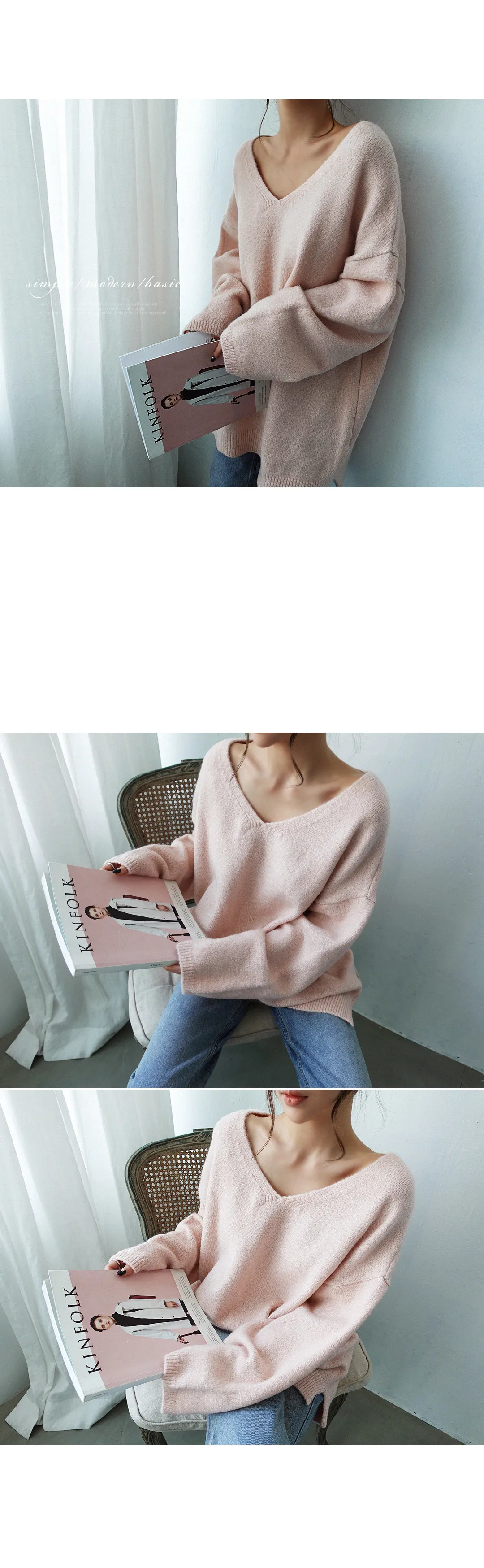 Свободный Свитер оверсайз с v-образным вырезом ленивый вязаный свитер Пуловеры с длинными рукавами женские розовые черные джемперы в Корейском стиле