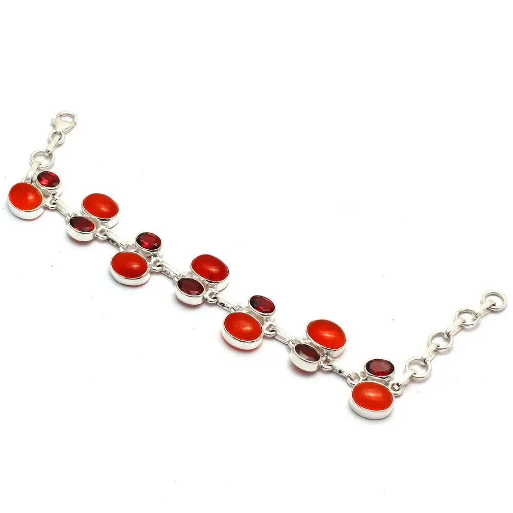

Genuine Carnelian + Garnet Bracelet 925 Sterling Silver, 18.5 cm, 2SBR0097