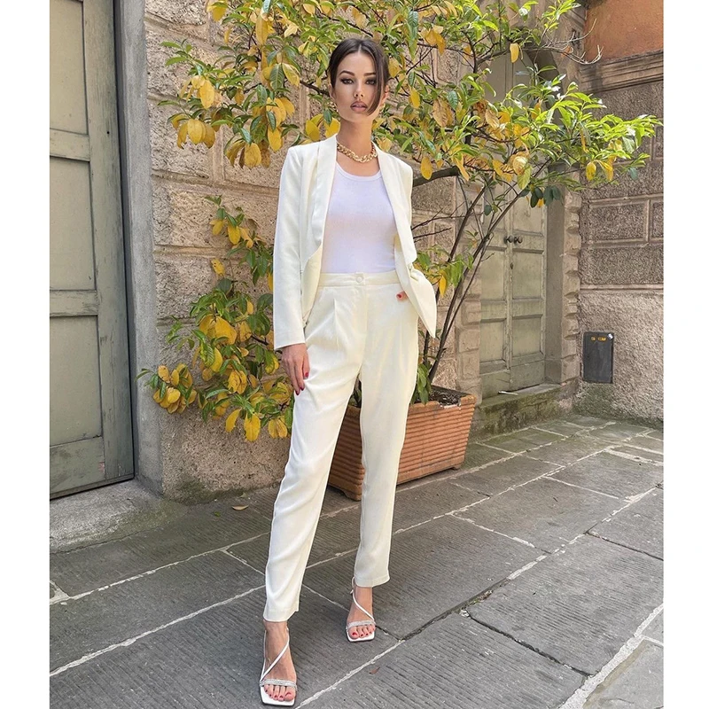 

Женский офисный комплект из двух предметов, белый Повседневный облегающий блейзер с длинным рукавом и брюки, 2021, 50291