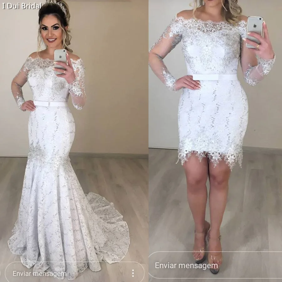 

Long Sleeve Two Piece Wedding Dress with Detachable Skirt Short and Long Two Version