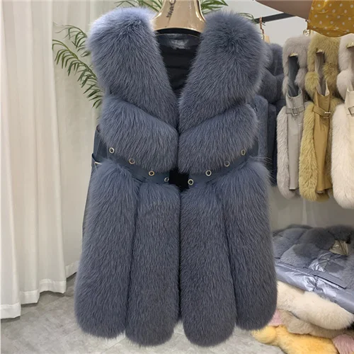 Smoky blue Натуральный Лисий Мех Длинный жилет Горячая новинка настоящий жилет из лисьего меха Зима высокого качества Модные женские жилеты из лисьего меха - Цвет: Smoky blue