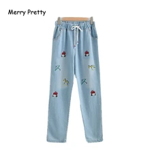Merry Pretty, джинсовые женские штаны с мультяшной вышивкой, Осенние эластичные прямые джинсы с талией, штаны длиной до щиколотки